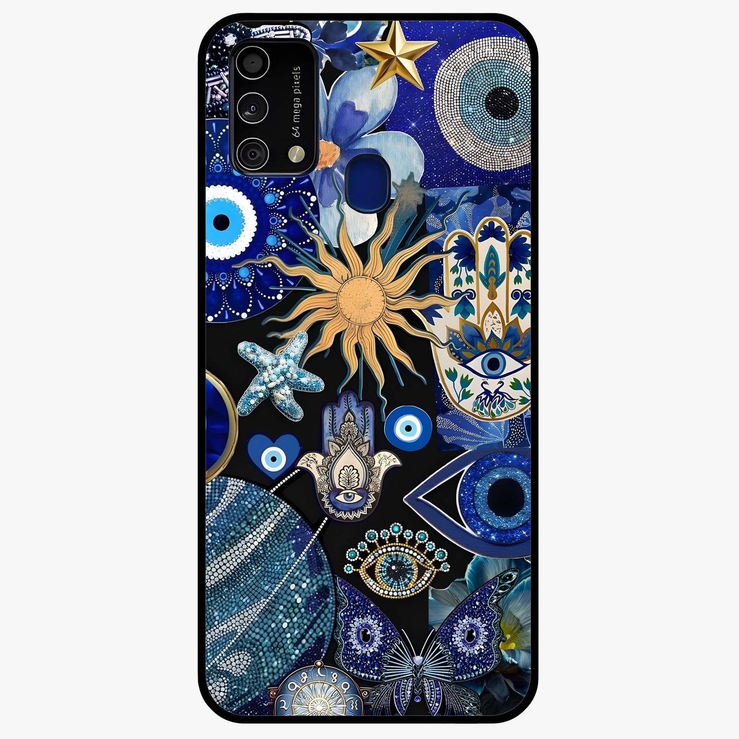 Evil Eye Charm Mix Glass Case showing flat back view with multiple evil eye charms artwork and glossy glass finish.