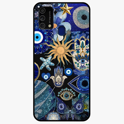 Evil Eye Charm Mix Glass Case showing flat back view with multiple evil eye charms artwork and glossy glass finish.