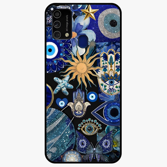 Evil Eye Charm Mix Glass Case showing flat back view with multiple evil eye charms artwork and glossy glass finish.