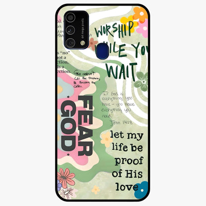 Faith Over Fear Glass Case showing flat back view with motivational typography artwork and glossy glass finish.