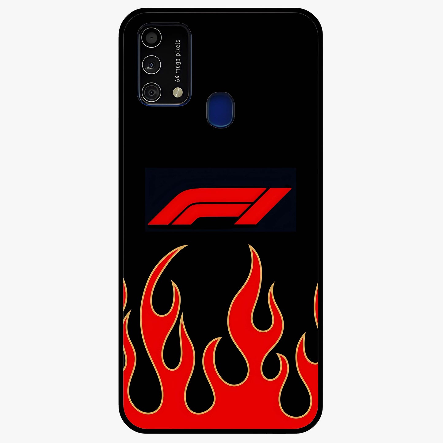 Fire F11 Glass Case showing flat back view with fiery themed artwork and glossy glass finish.