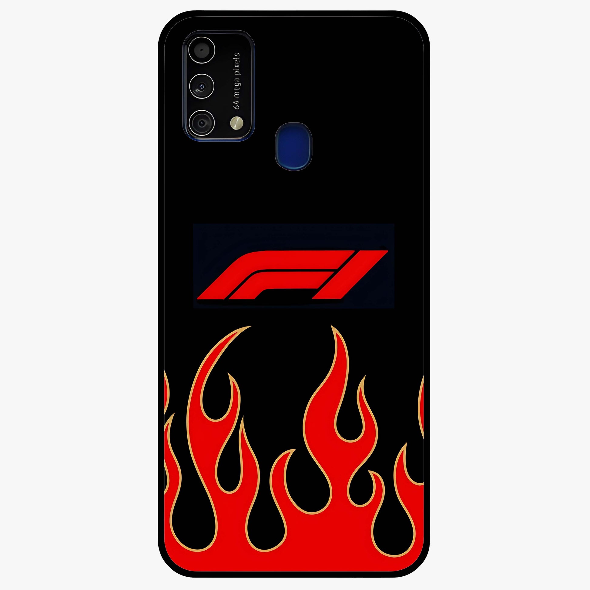 Fire F11 Glass Case showing flat back view with fiery themed artwork and glossy glass finish.