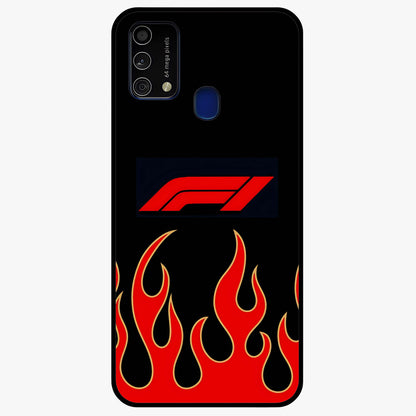 Fire F11 Glass Case showing flat back view with fiery themed artwork and glossy glass finish.