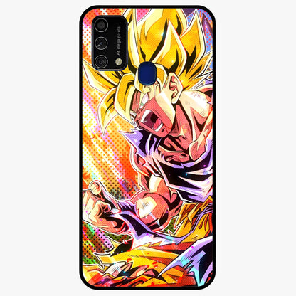 Firing Goku Glass Case showing flat back view with powerful anime inspired artwork and glossy glass finish.