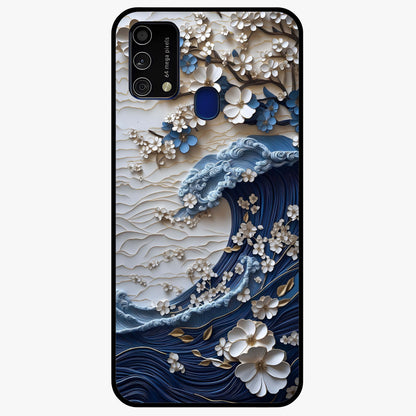 Floral Wave Origami Glass Case showing flat back view with origami inspired floral wave artwork and glossy glass finish.