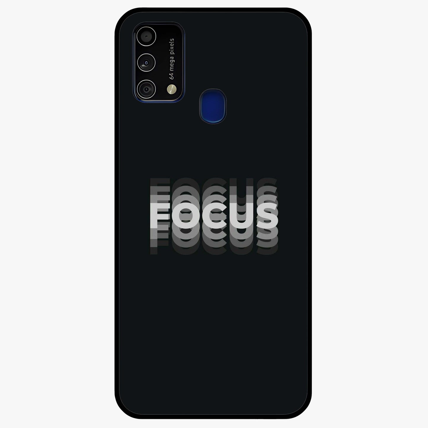 Focus Mode On Glass Case showing flat back view with bold motivational typography design and glossy glass finish.