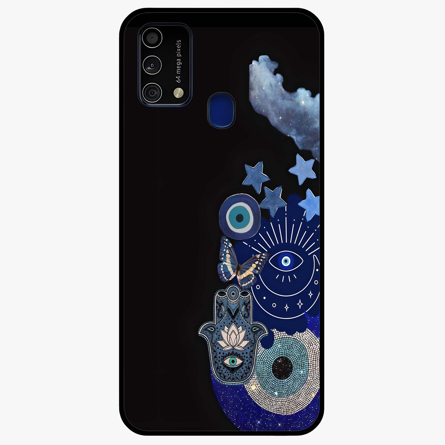 Galactic Charm Cluster Glass Case showing flat back view with glowing celestial charm artwork and glossy glass finish.