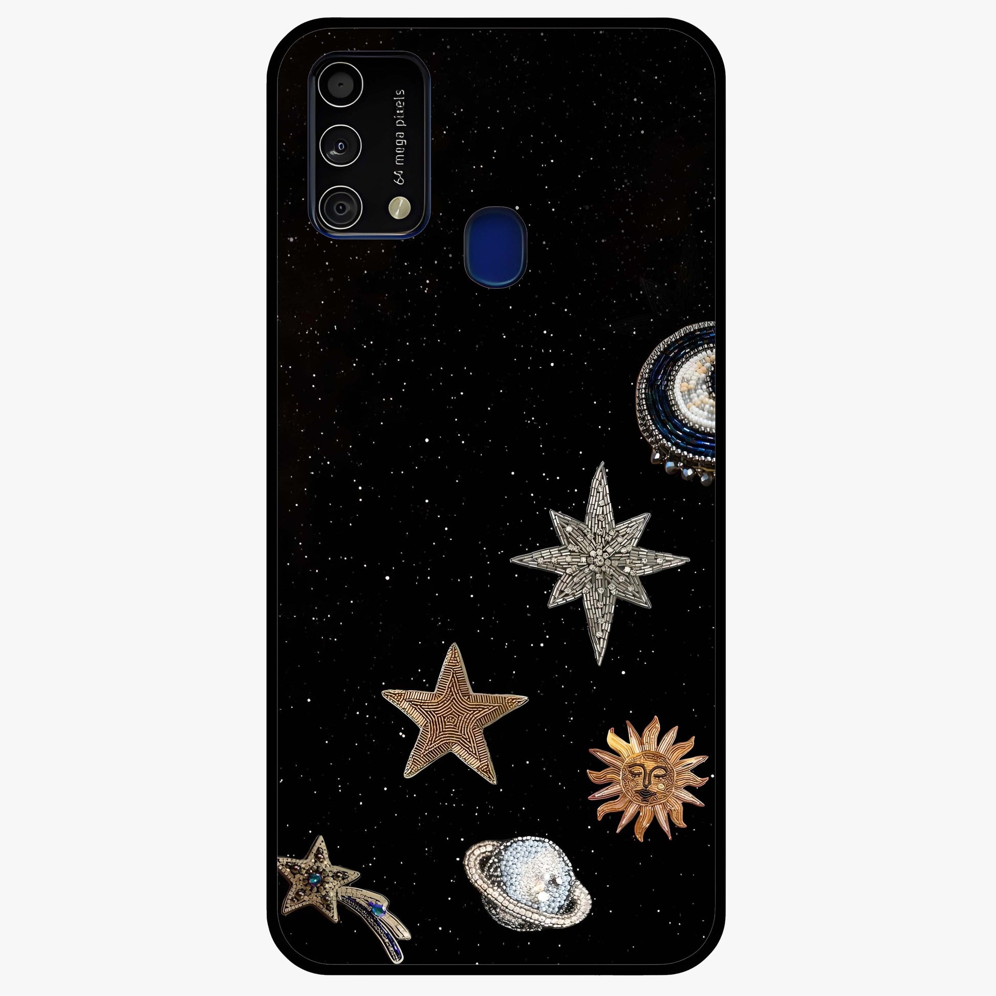 Galactic Charm Glow Glass Case showing flat back view with glowing celestial charm artwork and glossy glass finish.