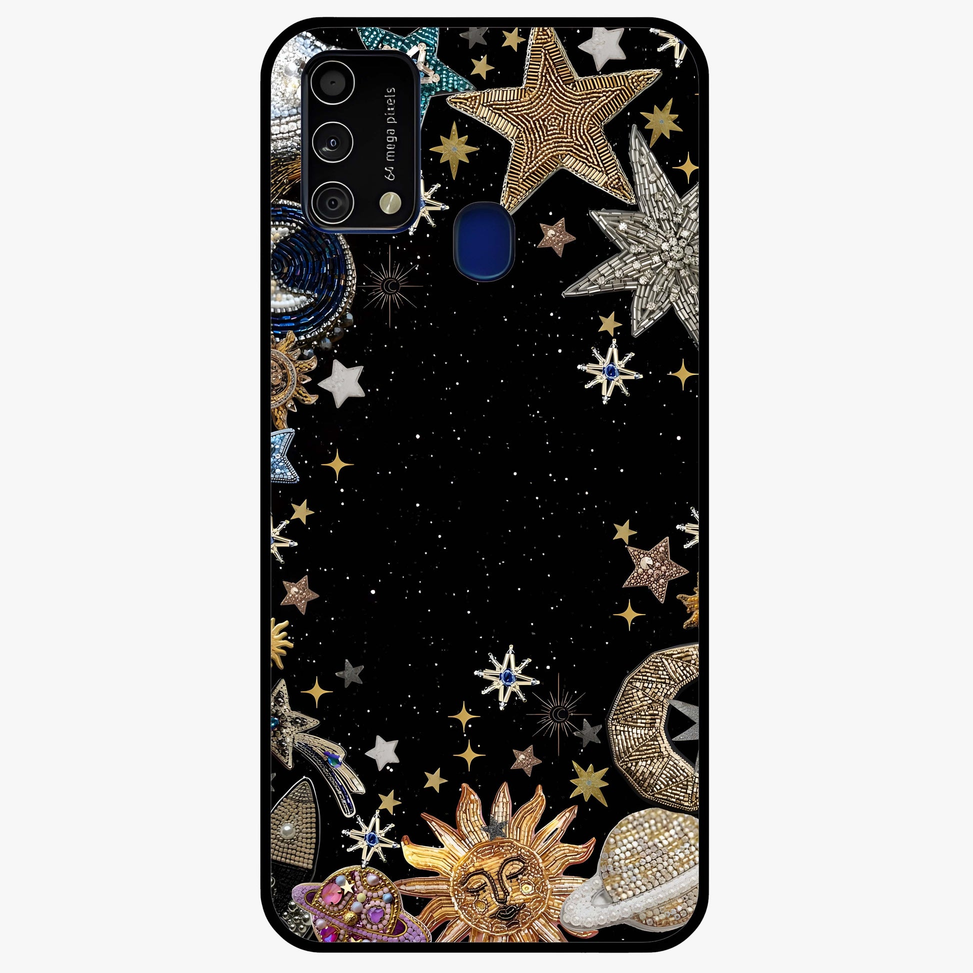 Galactic Jewel Stars Glass Case showing flat back view with sparkling star jewel artwork and glossy glass finish.