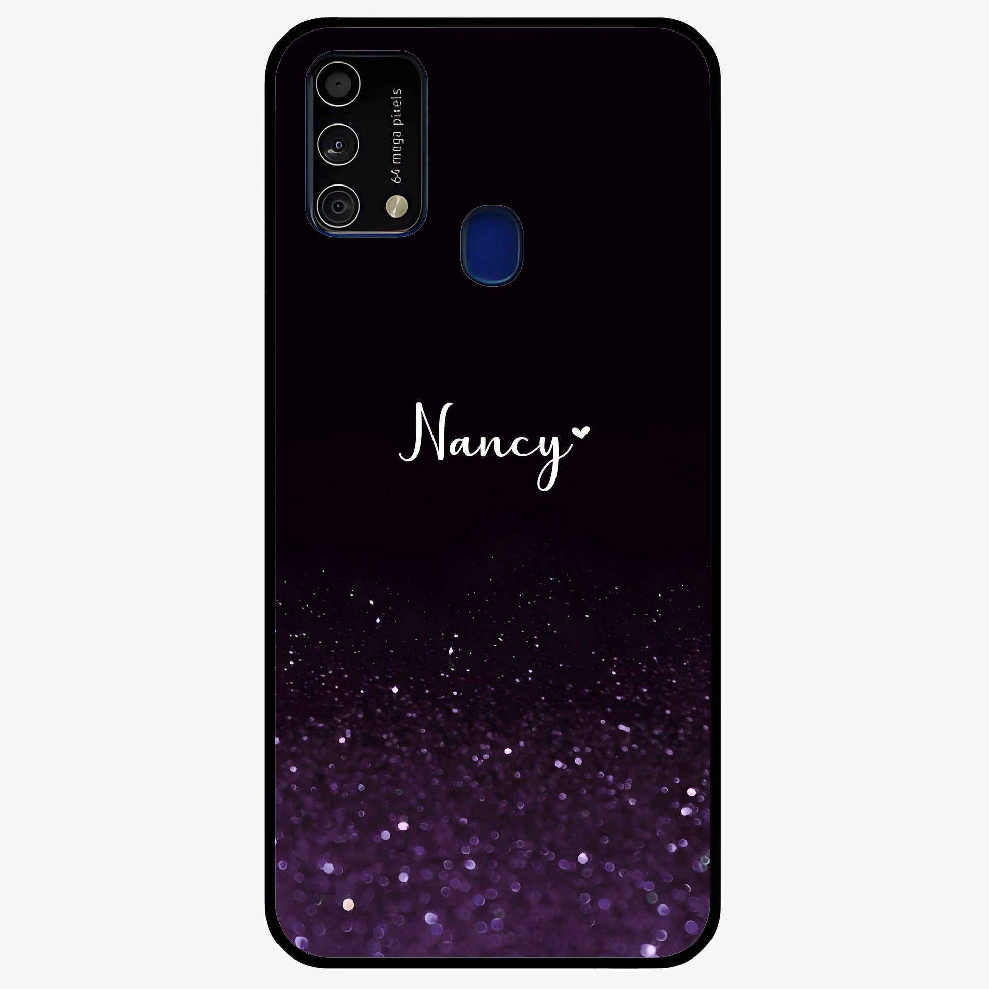 Glittery Purple Bokeh Custom Name Glass Case showing flat back view with purple bokeh sparkle artwork and personalized name design.