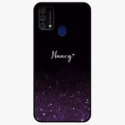 Glittery Purple Bokeh Custom Name Glass Case showing flat back view with purple bokeh sparkle artwork and personalized name design.
