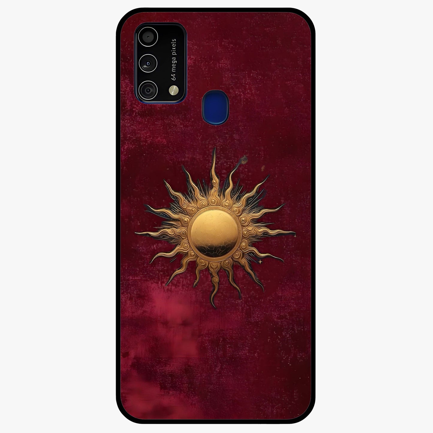 Gold Sun Blush Glass Case showing flat back view with golden sun inspired artwork and glossy glass finish.