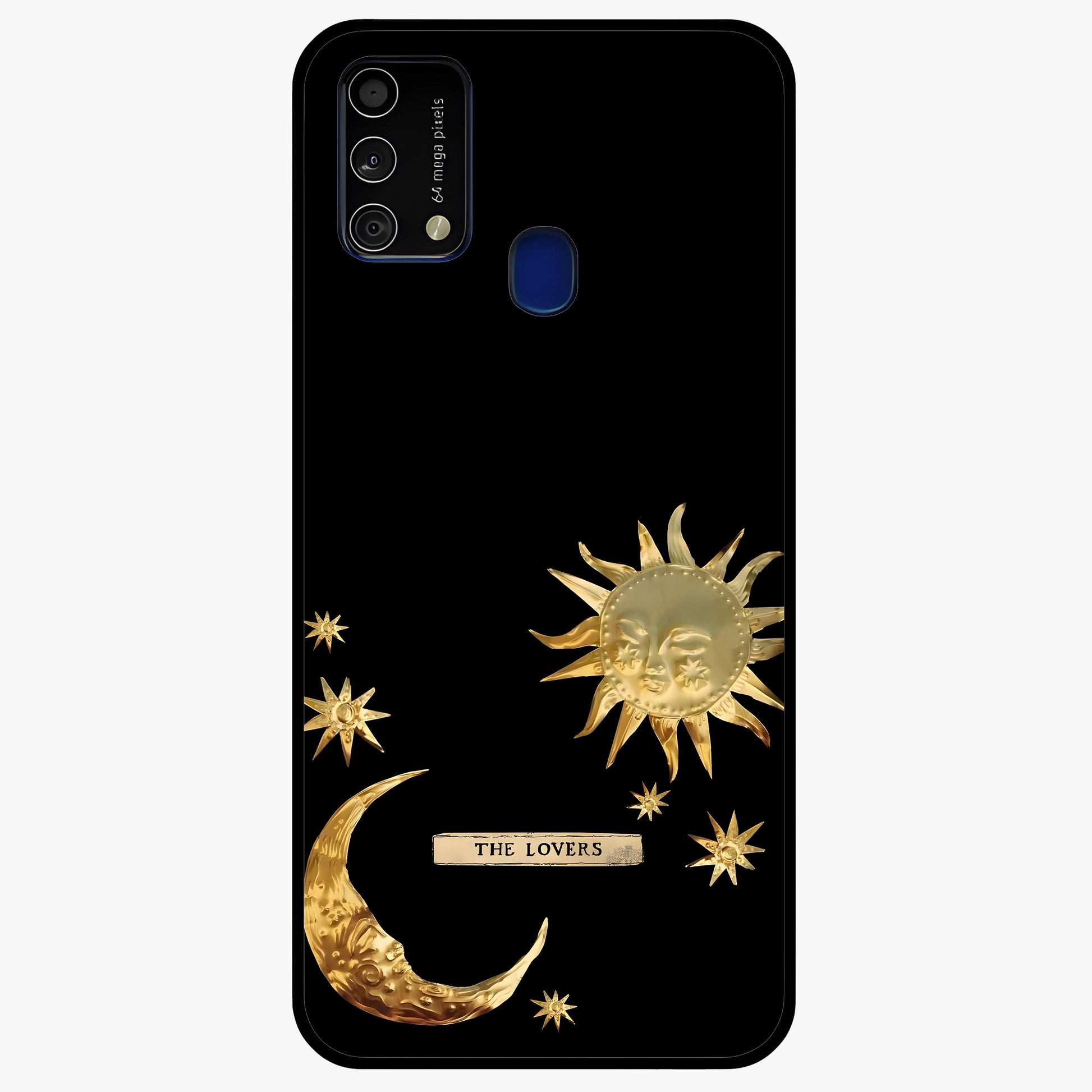 Golden Celestial Charm Glass Case showing flat back view with golden celestial charm artwork and glossy glass finish.