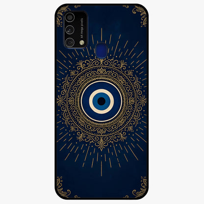 Golden Evil Eye Mandala Glass Case showing flat back view with intricate evil eye mandala artwork and glossy glass finish.