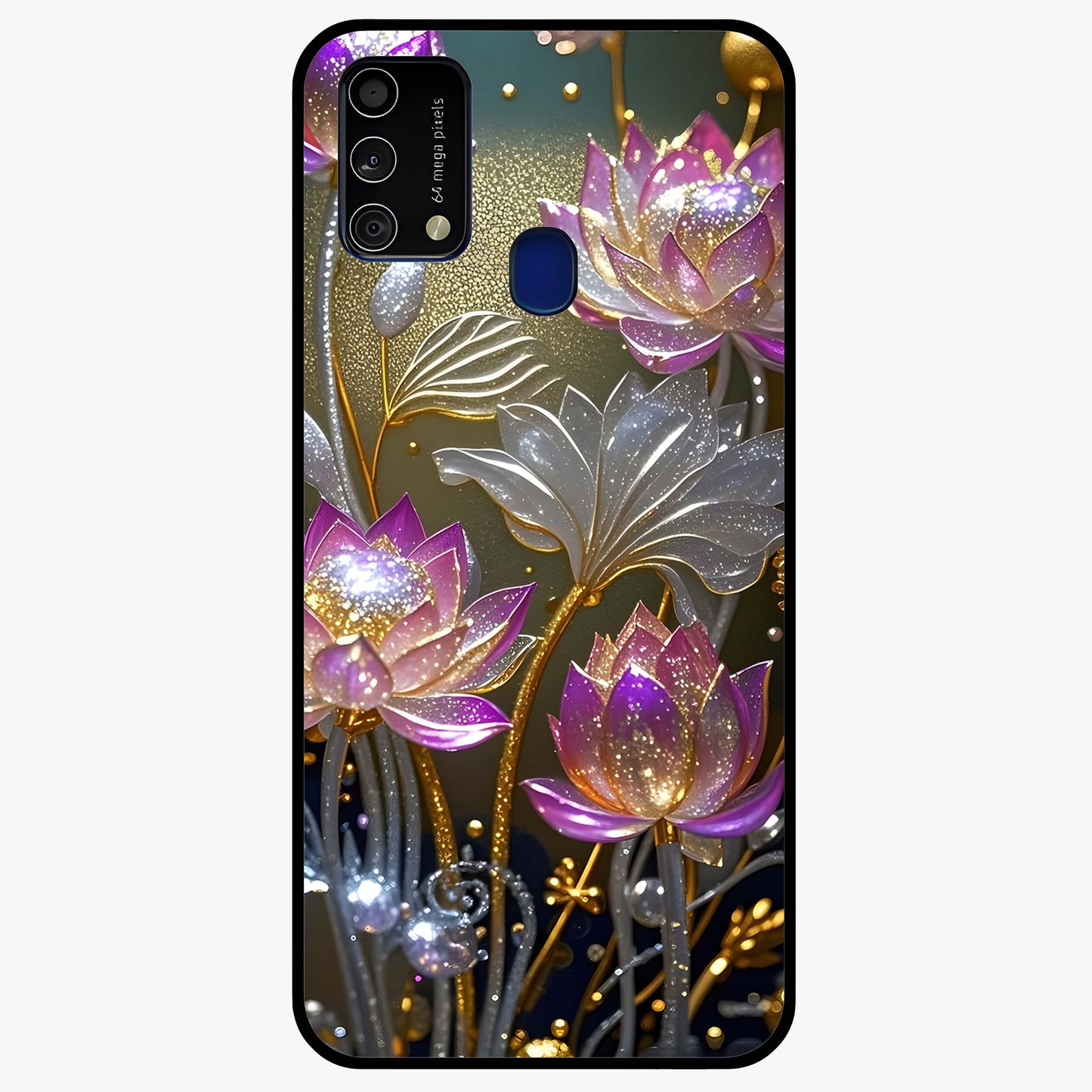 Golden Lotus Glow Glass Case showing flat back view with glowing lotus flower artwork and glossy glass finish.