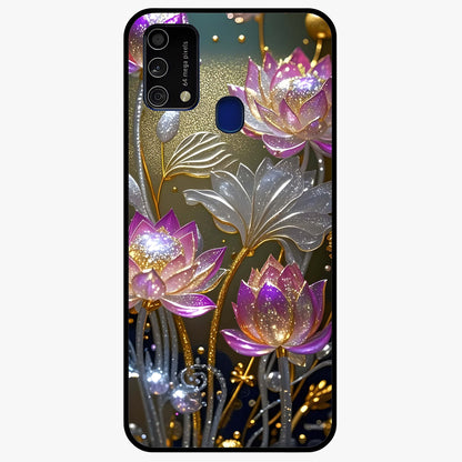 Golden Lotus Glow Glass Case showing flat back view with glowing lotus flower artwork and glossy glass finish.
