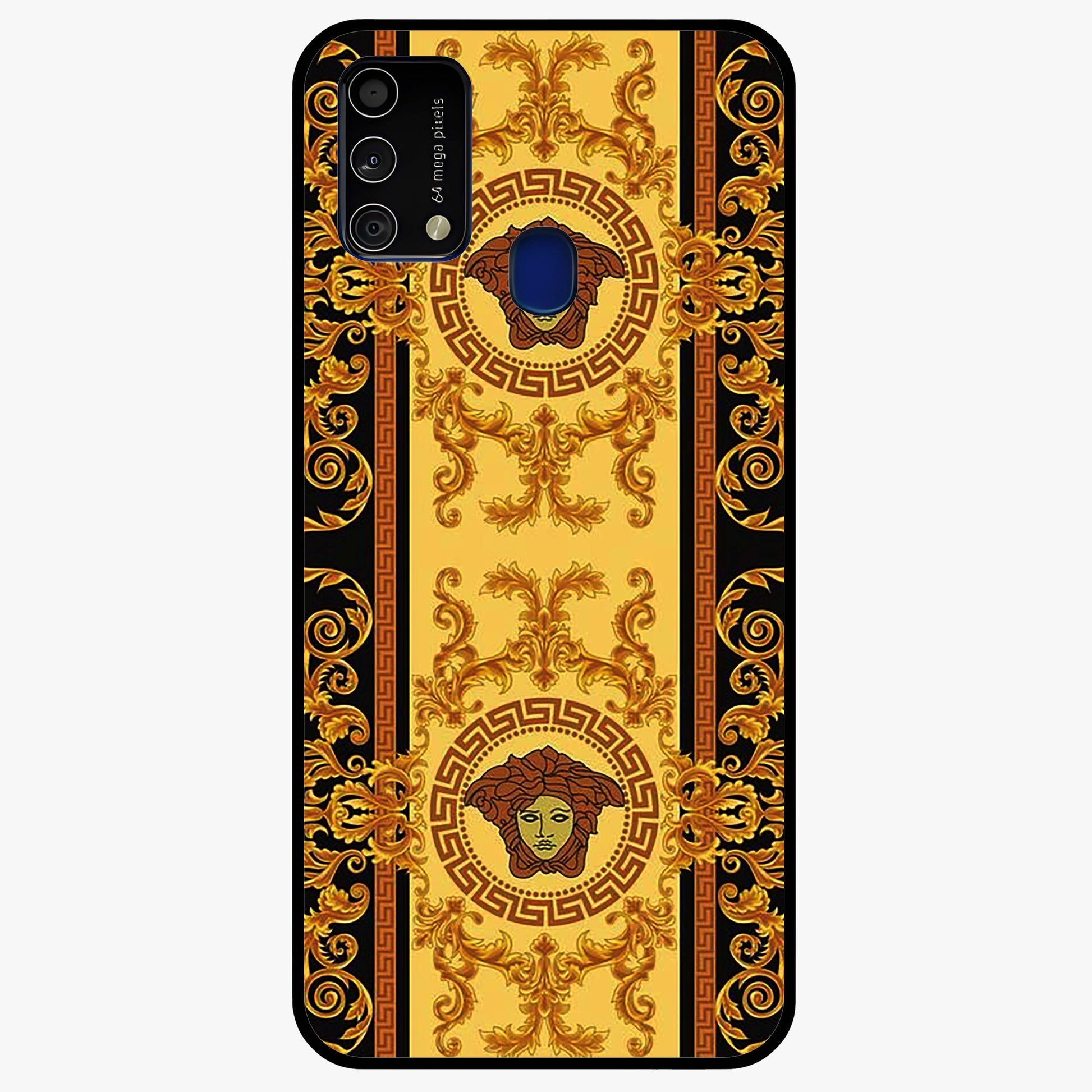 Golden Royal Heritage Glass Case showing flat back view with ornate royal pattern artwork and glossy glass finish.
