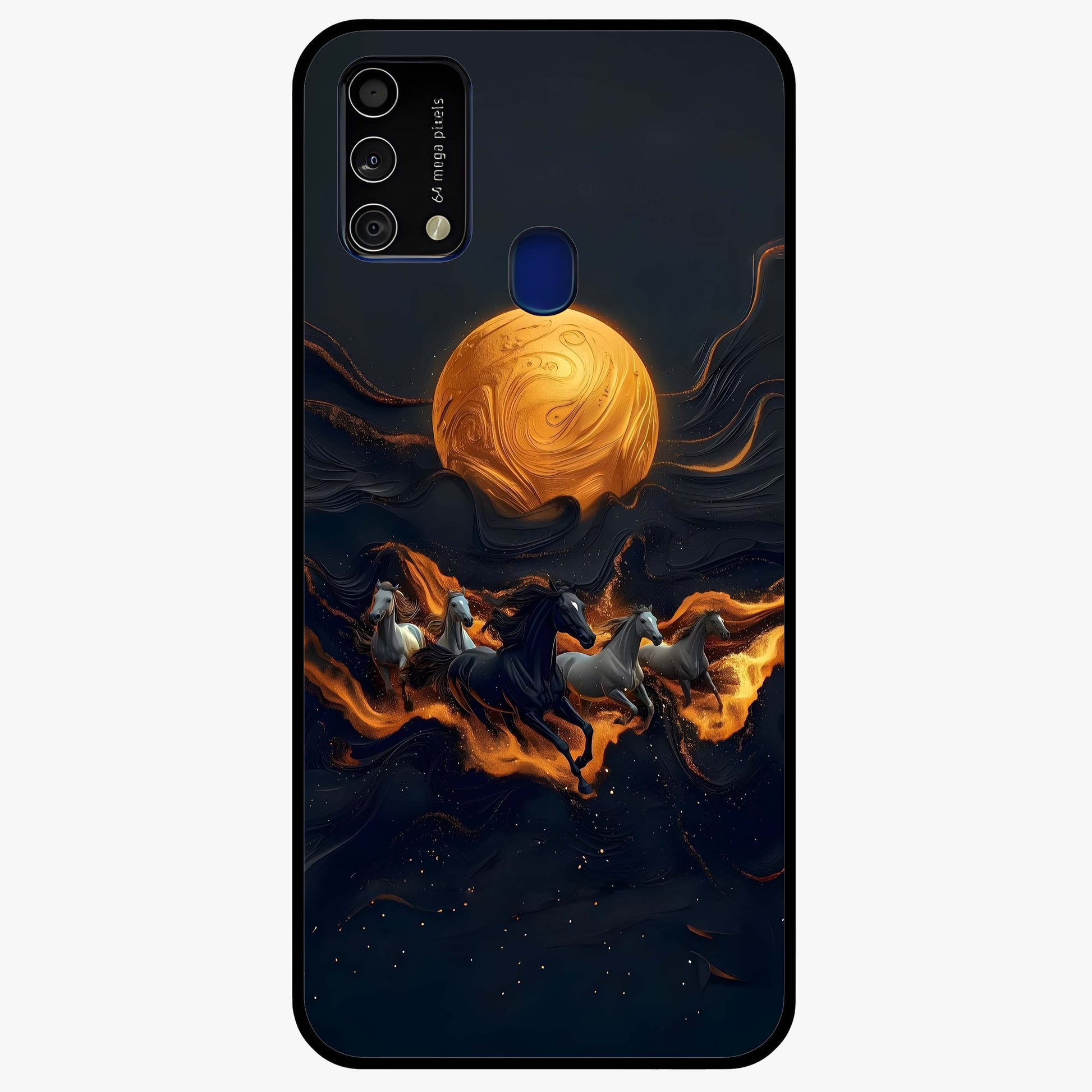 Golden Stallion Moonride Glass Case showing flat back view with majestic horse under moonlight artwork and glossy glass finish.