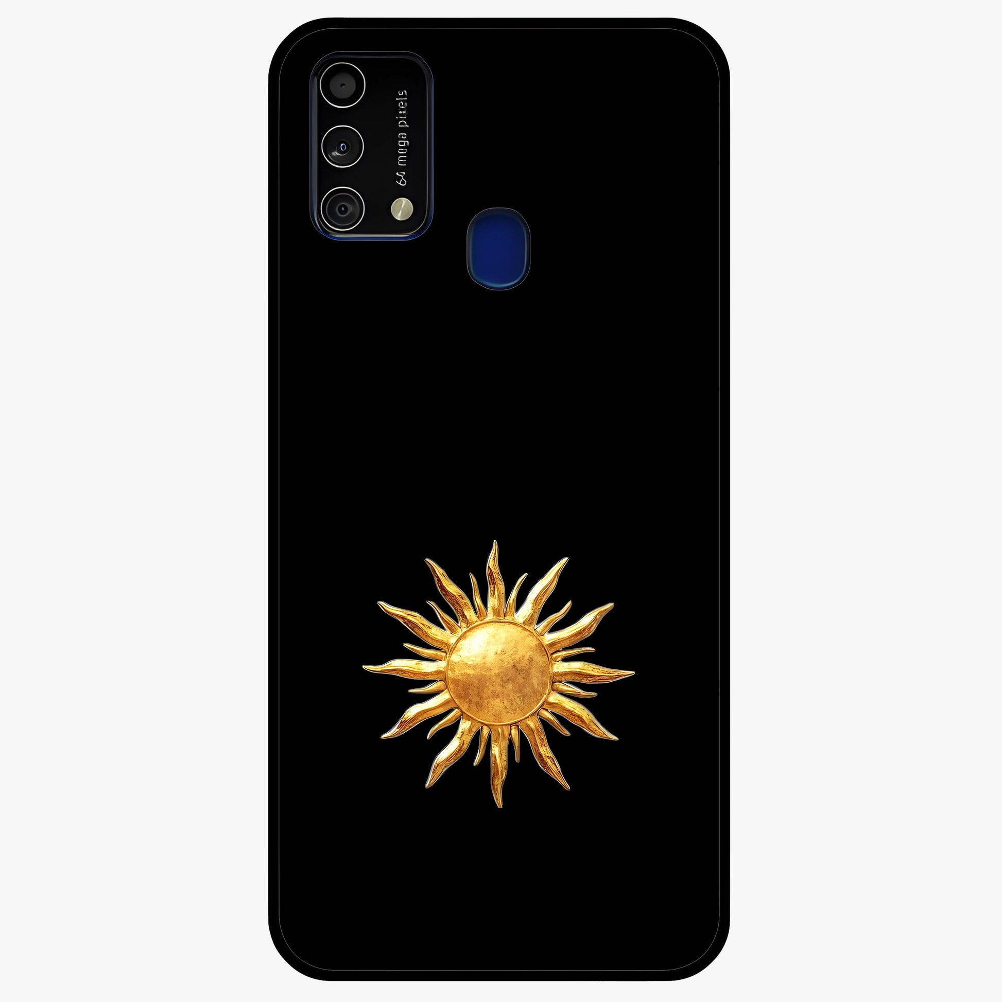 Golden Sun Minimalism Glass Case showing flat back view with minimal golden sun artwork and glossy glass finish.
