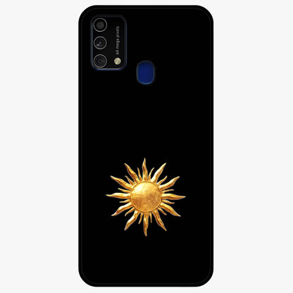 Golden Sun Minimalism Glass Case showing flat back view with minimal golden sun artwork and glossy glass finish.