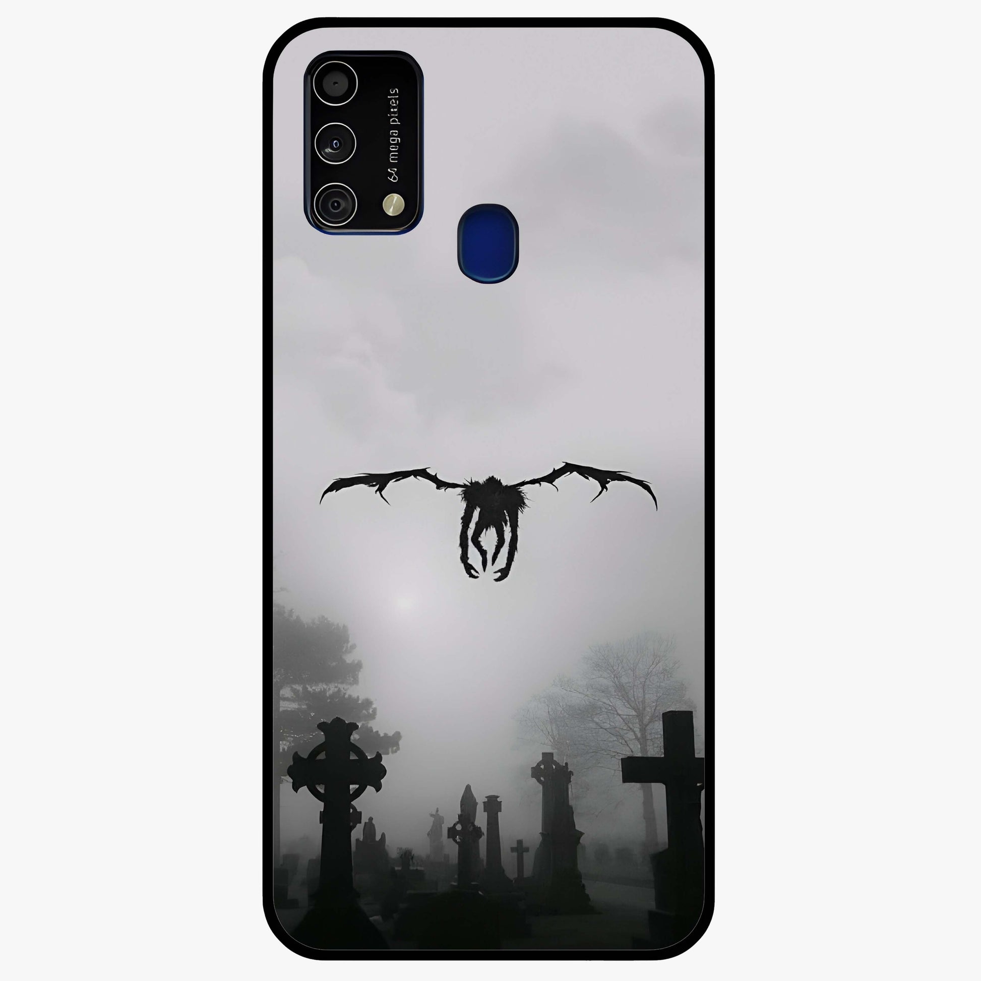 Graveyard Shadow Descent Glass Case showing flat back view with dark graveyard themed artwork and glossy glass finish.