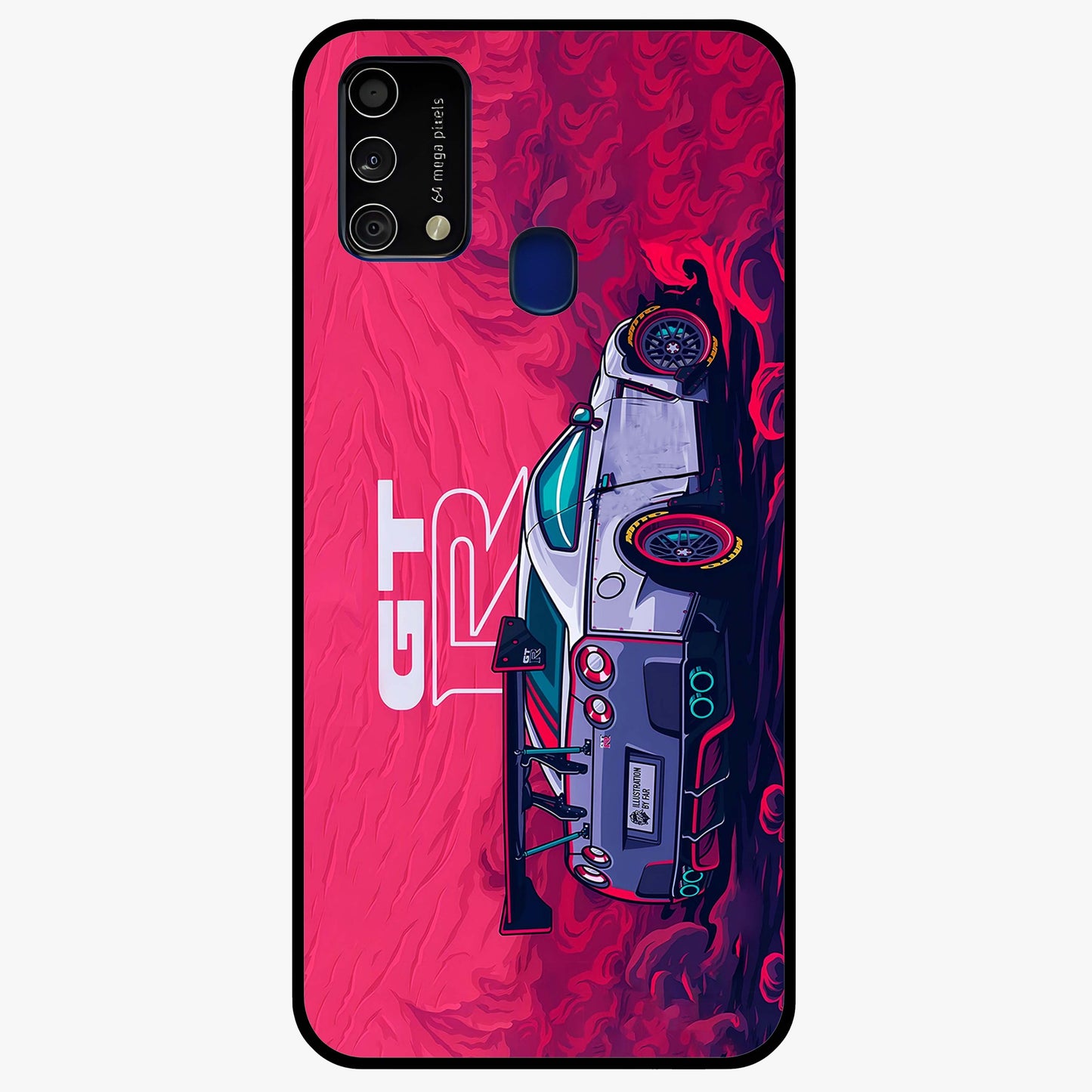 GT-R Car Pattern Glass Case showing flat back view with sporty car inspired pattern artwork and glossy glass finish.
