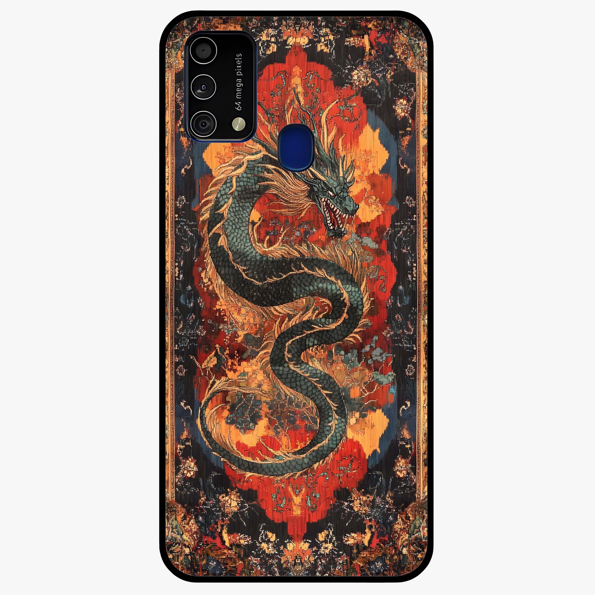 Inferno Dragon Soul Glass Case showing flat back view with fiery dragon artwork and glossy glass finish.