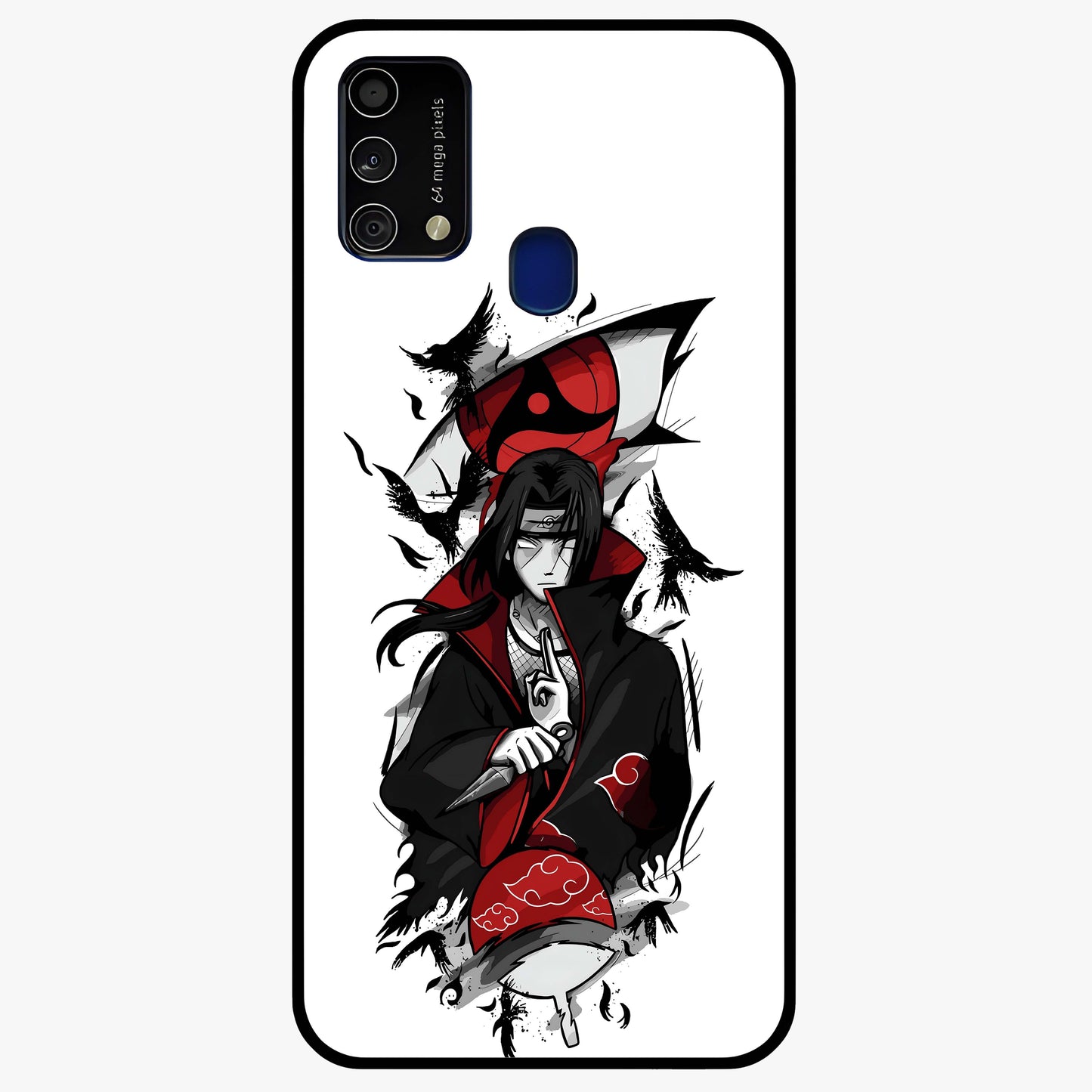 Itachi Sharingan Glass Case showing flat back view with powerful anime eye artwork and glossy glass finish.