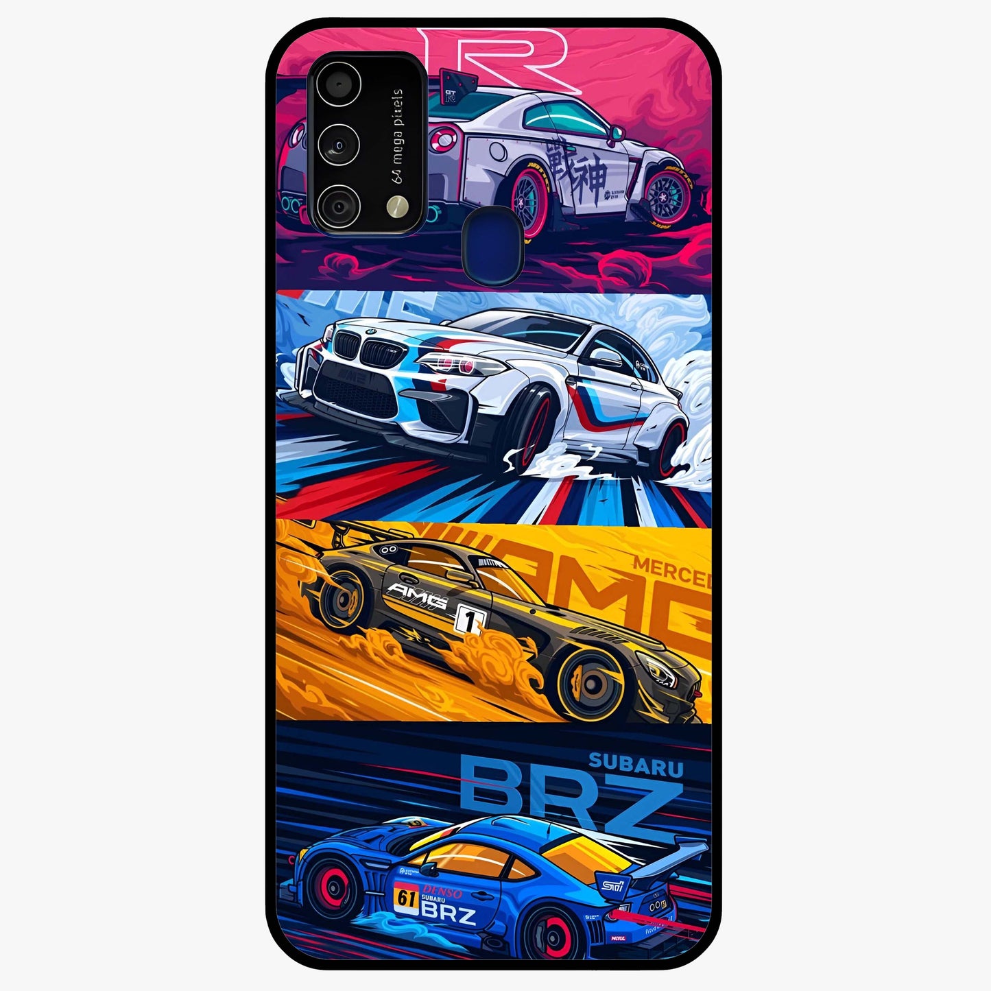 JDM Sports Car Glass Case showing flat back view with high performance sports car artwork and glossy glass finish.
