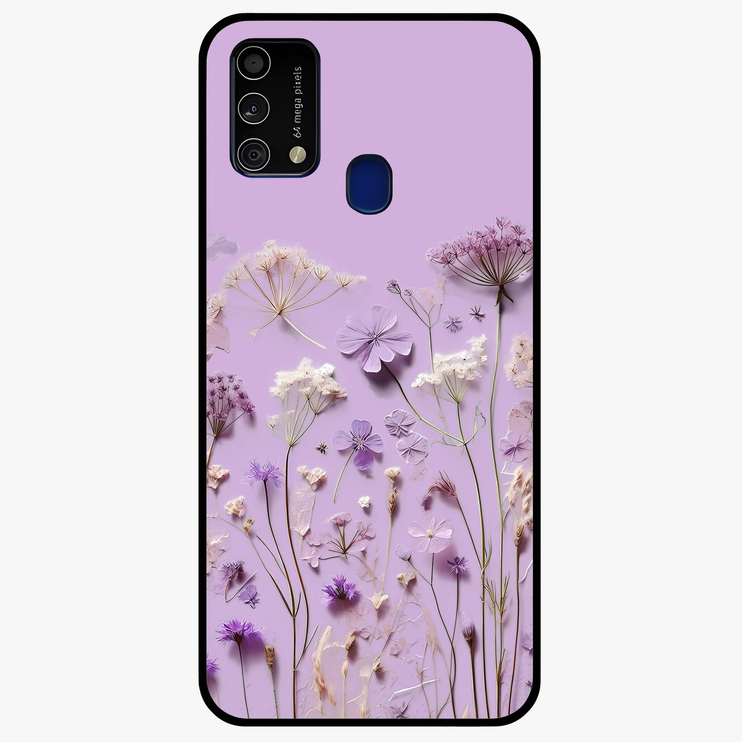 Lavender Blossom Dream Glass Case showing flat back view with soft lavender floral artwork and glossy glass finish.