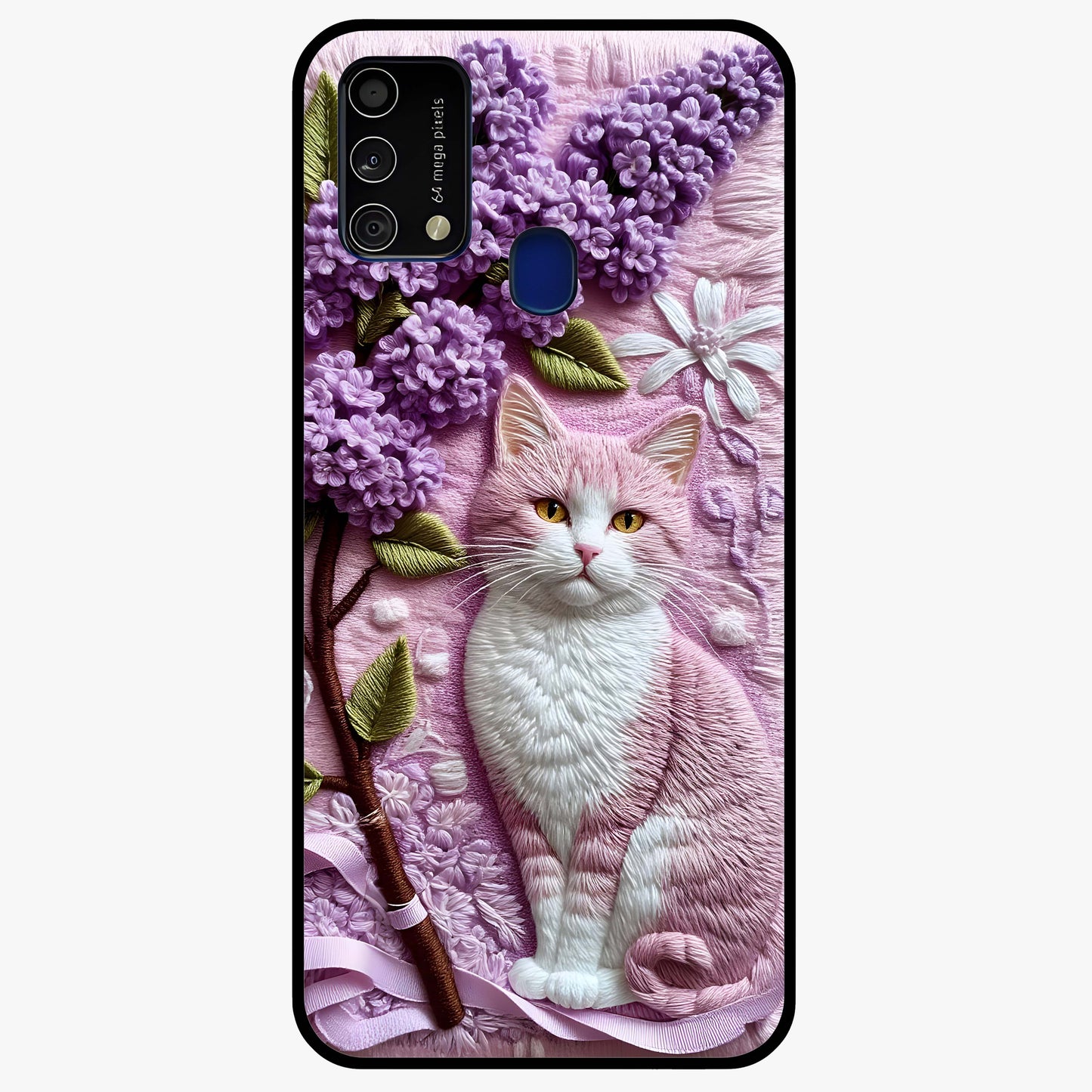 Lavender Cat Whimsy Glass Case showing flat back view with cute lavender cat artwork and glossy glass finish.