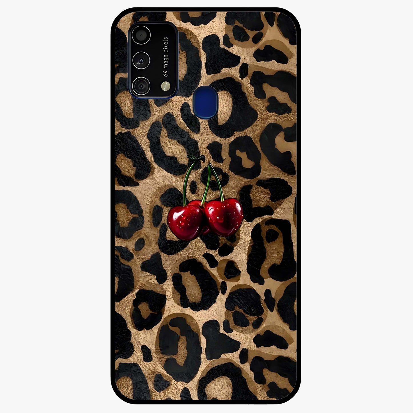Leopard Wild Cherry Glass Case showing flat back view with leopard pattern and cherry artwork and glossy glass finish.
