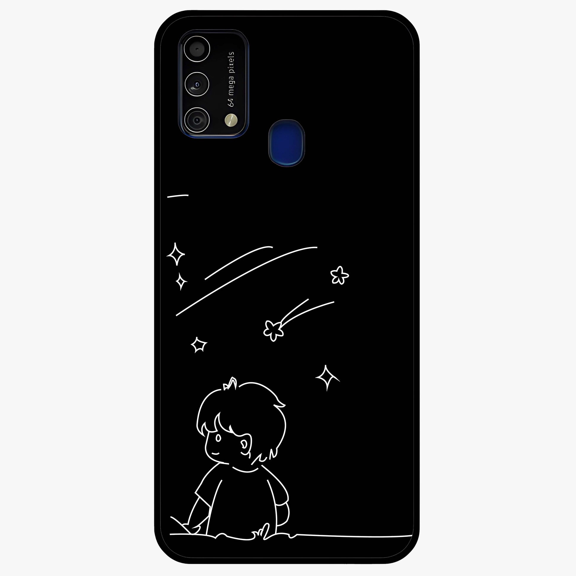 Line Art Boy With Shooting Stars Glass Case showing flat back view with minimal line art boy and shooting stars illustration and glossy glass finish.