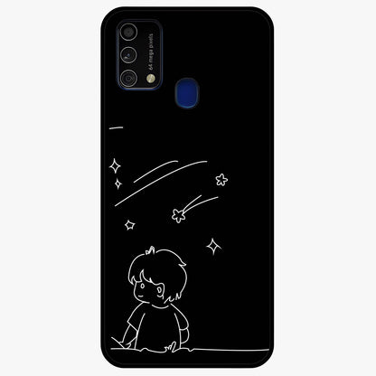 Line Art Boy With Shooting Stars Glass Case showing flat back view with minimal line art boy and shooting stars illustration and glossy glass finish.