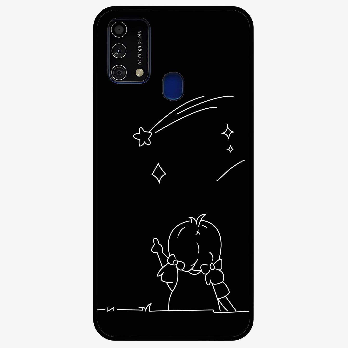 Line Art Girl With Shooting Stars Glass Case showing flat back view with minimal line art girl and shooting stars illustration and glossy glass finish.