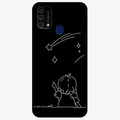 Line Art Girl With Shooting Stars Glass Case showing flat back view with minimal line art girl and shooting stars illustration and glossy glass finish.