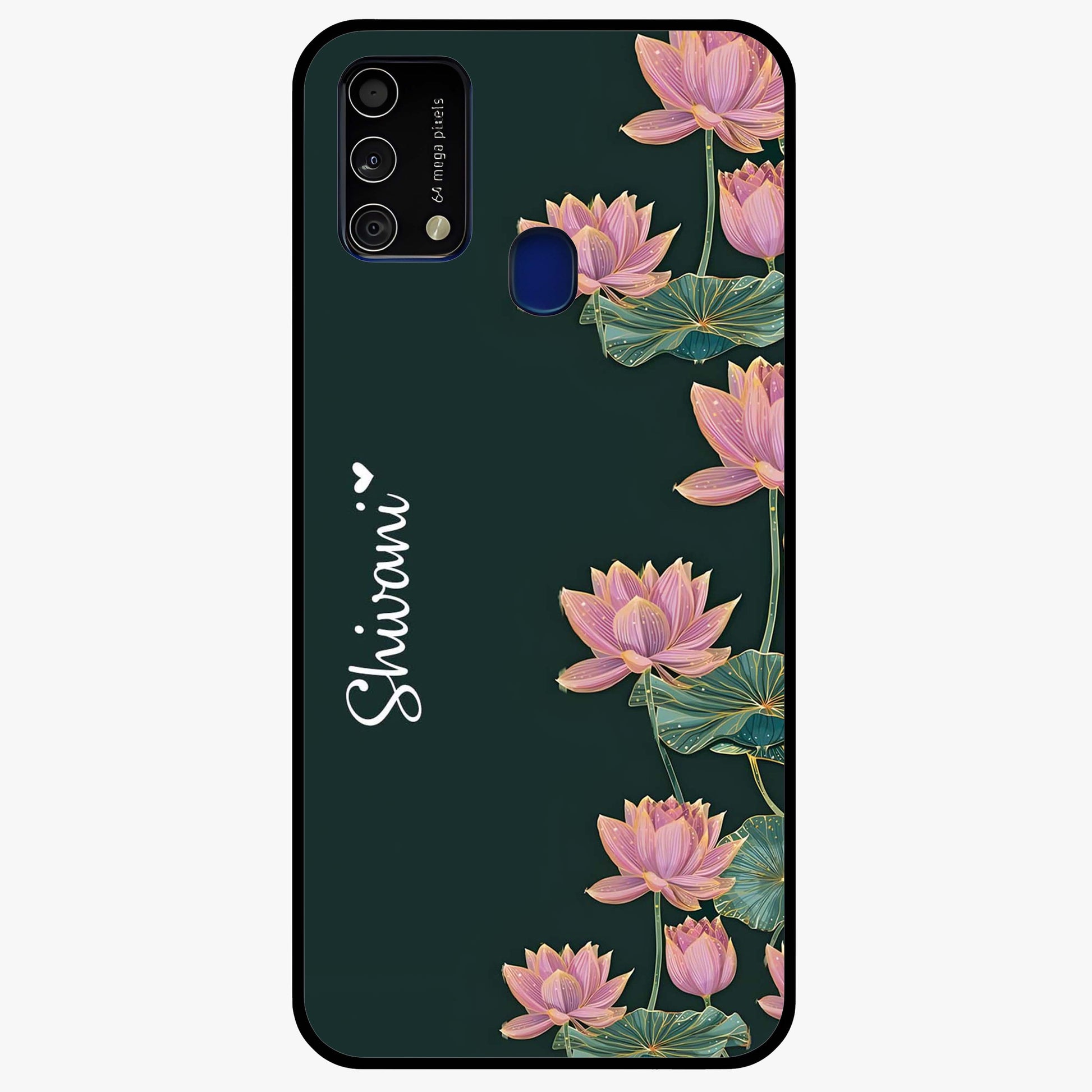 Lotus Bloom Serenity Custom Name Glass Case showing flat back view with elegant lotus flower artwork and personalized name design.