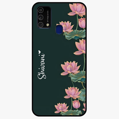 Lotus Bloom Serenity Custom Name Glass Case showing flat back view with elegant lotus flower artwork and personalized name design.