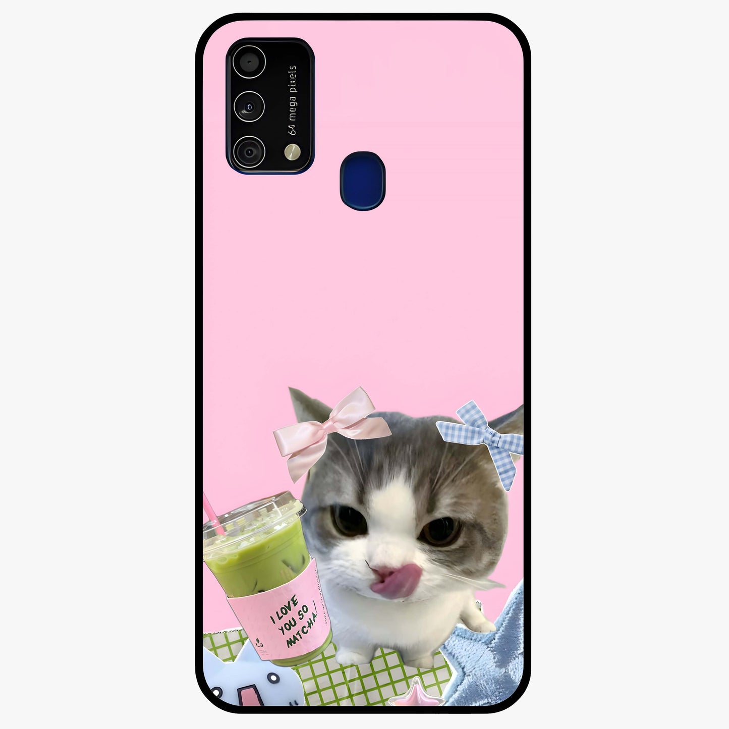 Love Matcha Cat Glass Case showing flat back view with cute cat and matcha themed artwork and glossy glass finish.