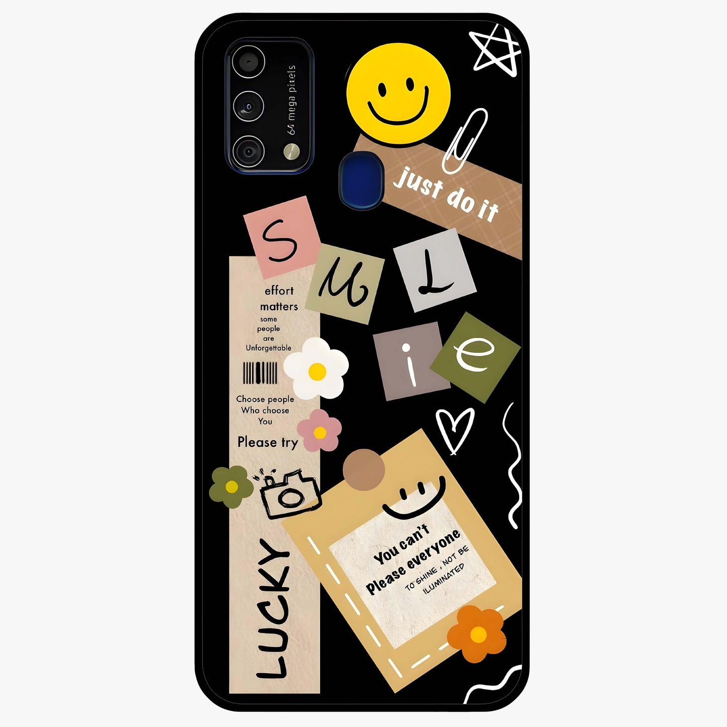 Lucky Aesthetic Collage Glass Case showing flat back view with trendy aesthetic collage artwork and glossy glass finish.