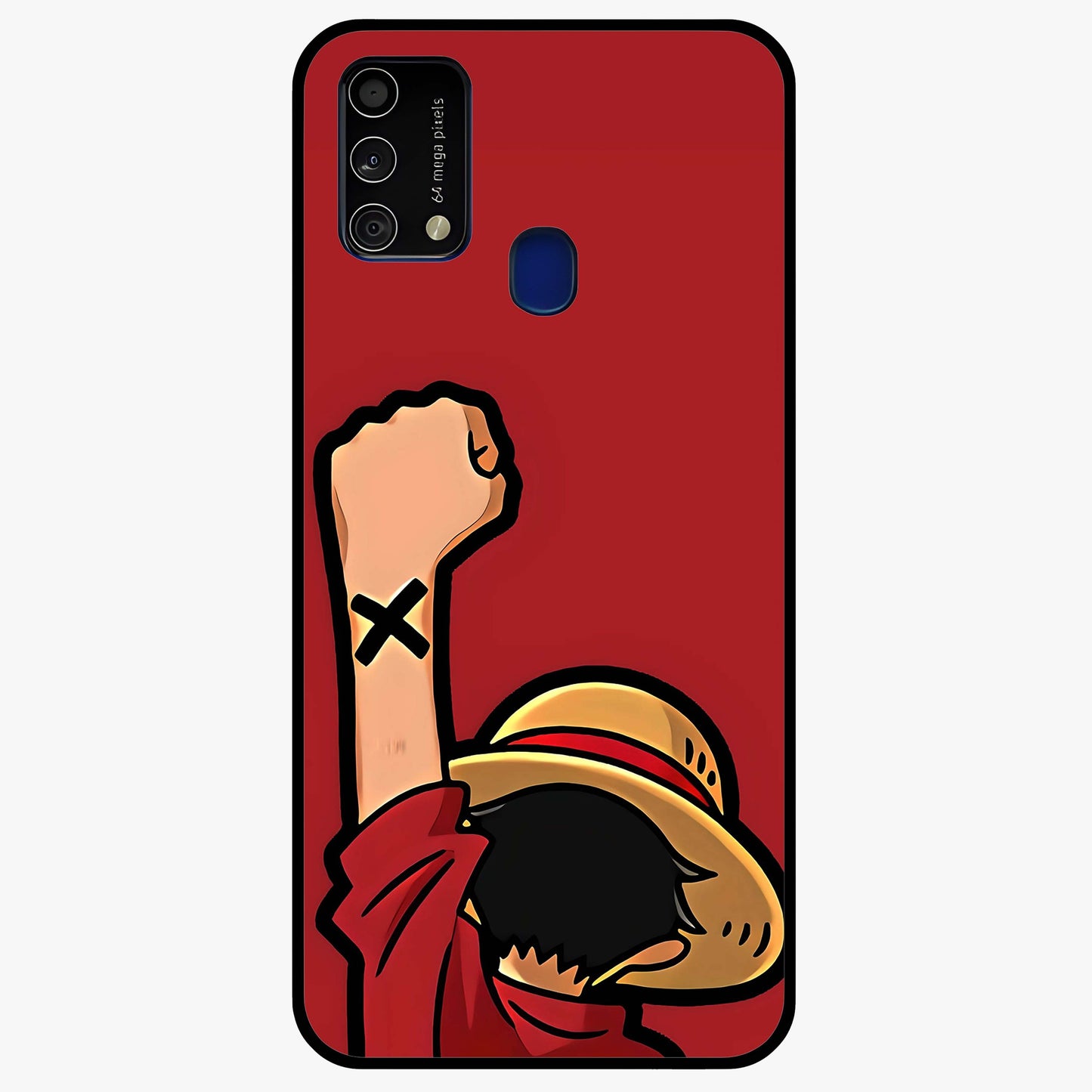 Luffy X Spirit Glass Case showing flat back view with bold anime character artwork and glossy glass finish.