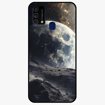 Lunar Horizon Glow Glass Case showing flat back view with glowing moon horizon artwork and glossy glass finish.
