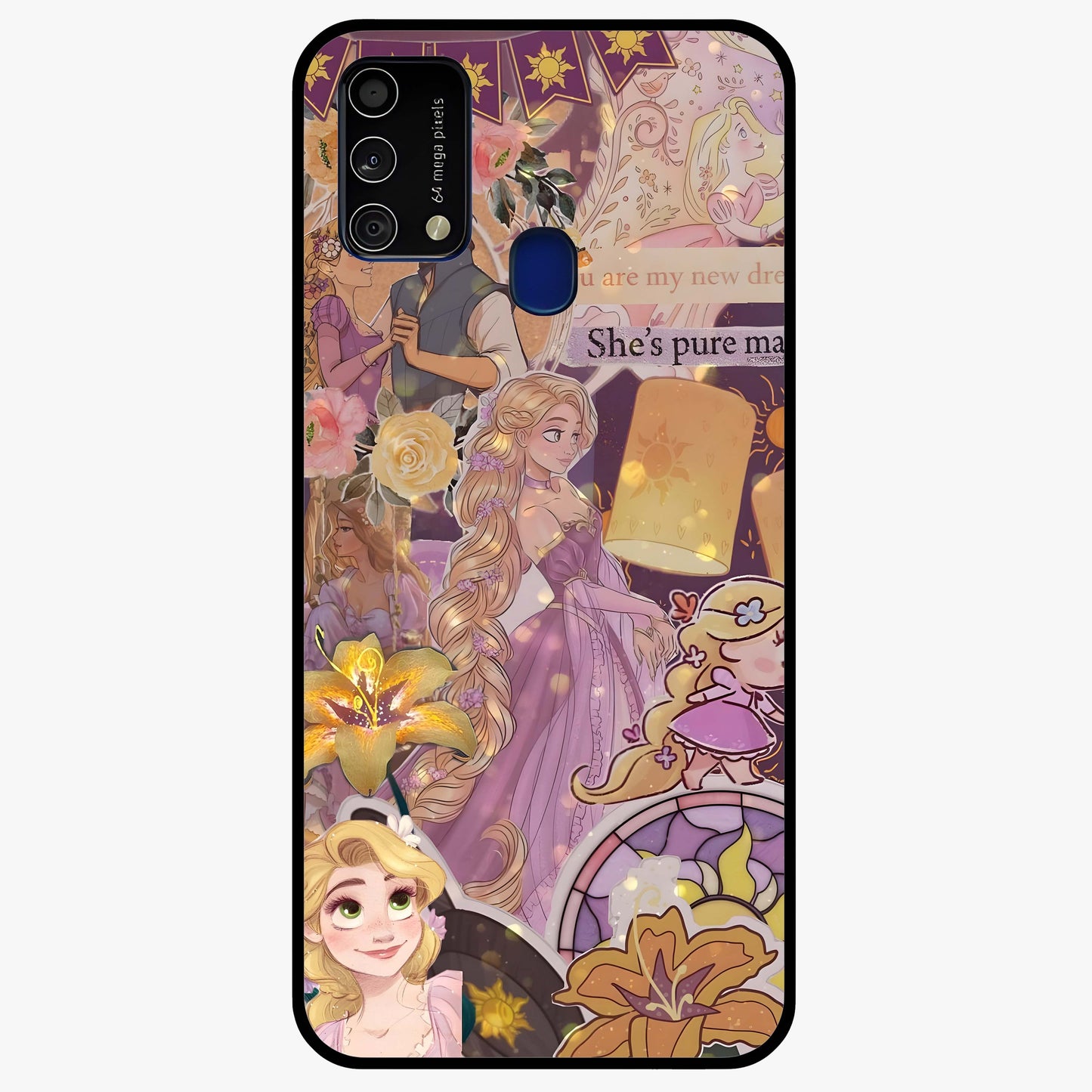 Magical Tangled Dream Glass Case showing flat back view with dreamy tangled artwork and glossy glass finish.