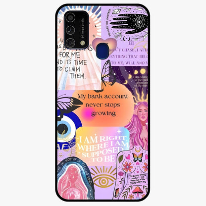 Manifestation Collage Glass Case showing flat back view with motivational collage artwork and glossy glass finish.