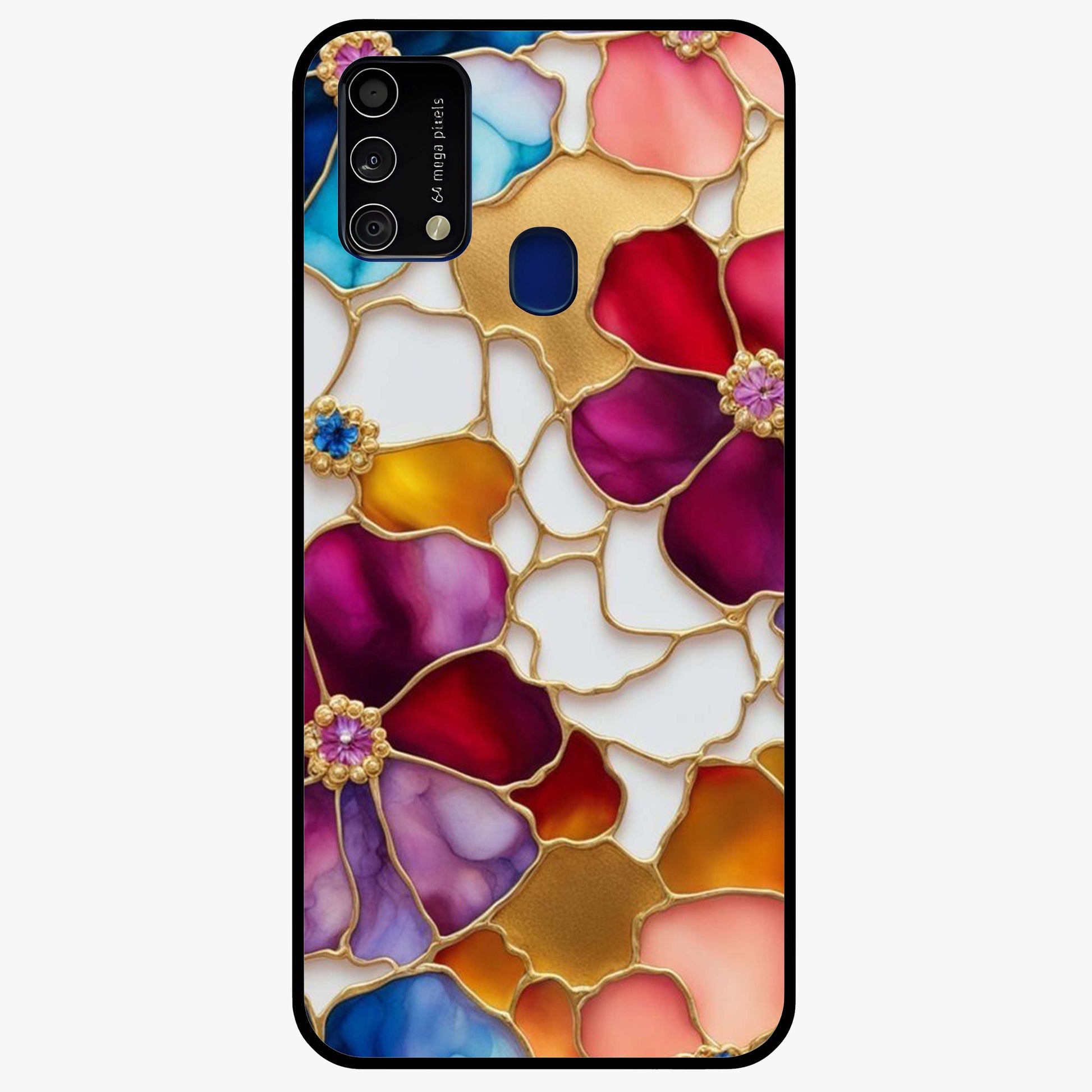Marble Flower Pattern Glass Case showing flat back view with marble texture floral artwork and glossy glass finish.