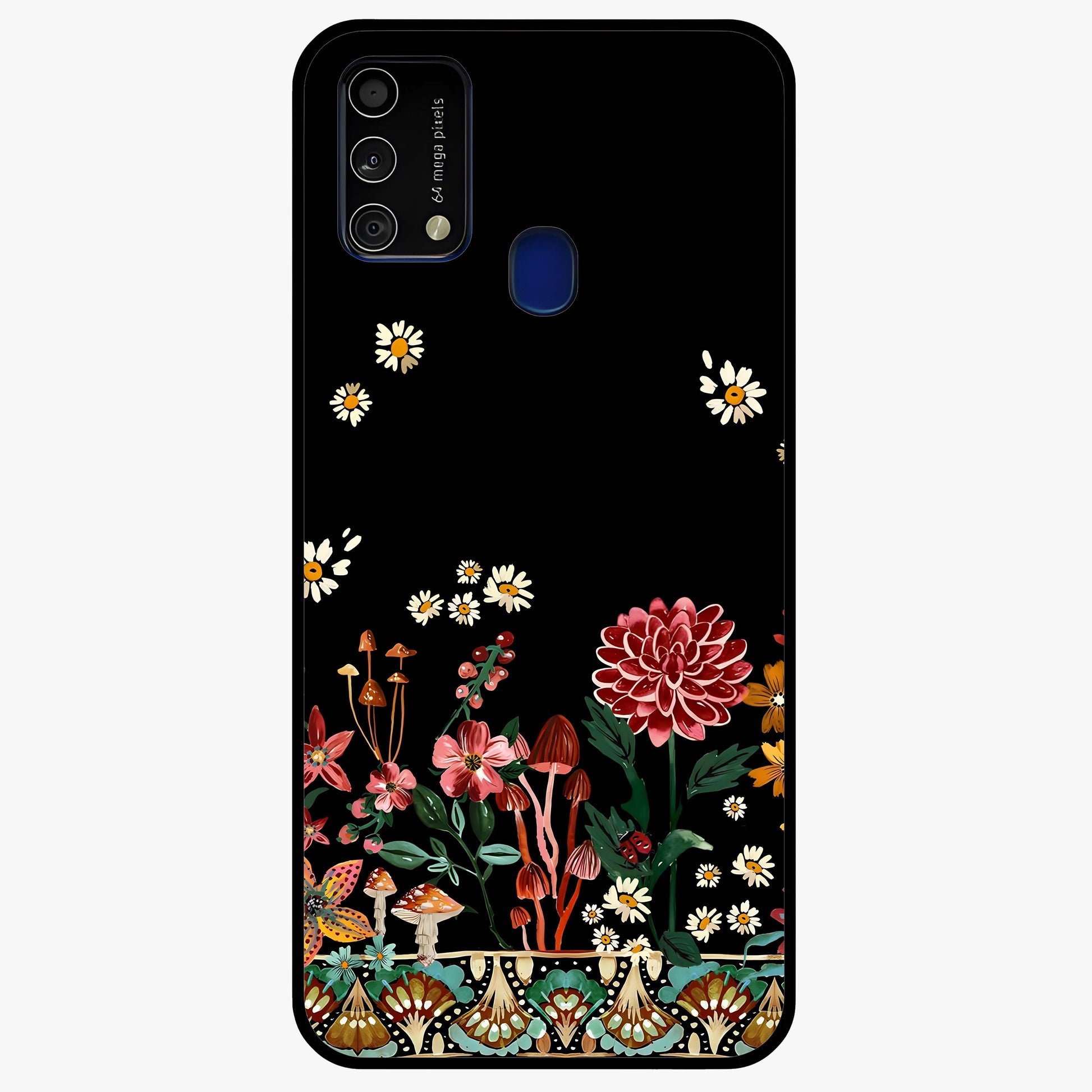 Midnight Bloom Pattern Glass Case showing flat back view with dark floral pattern artwork and glossy glass finish.
