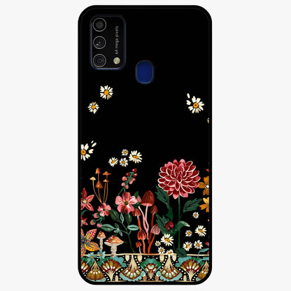 Midnight Bloom Pattern Glass Case showing flat back view with dark floral pattern artwork and glossy glass finish.