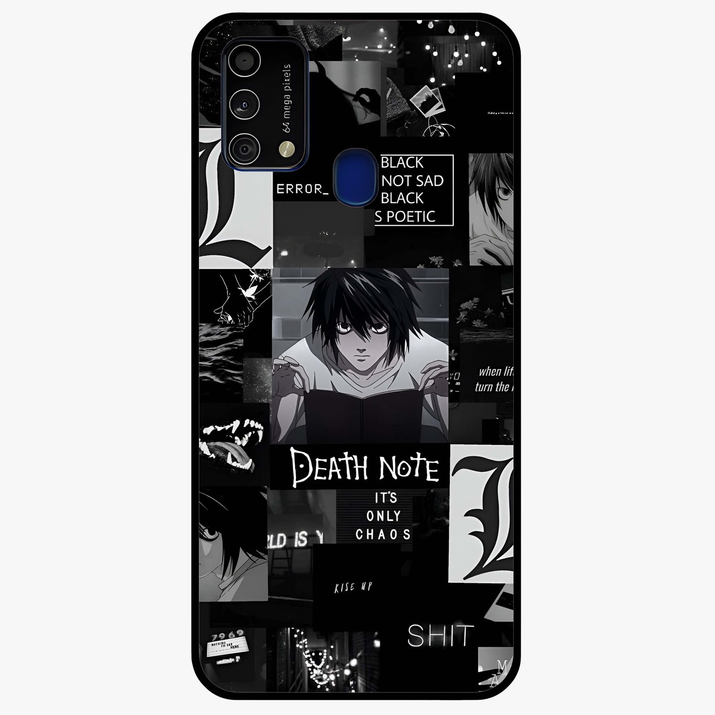 Midnight Chaos Mind Glass Case showing flat back view with abstract dark themed artwork and glossy glass finish.