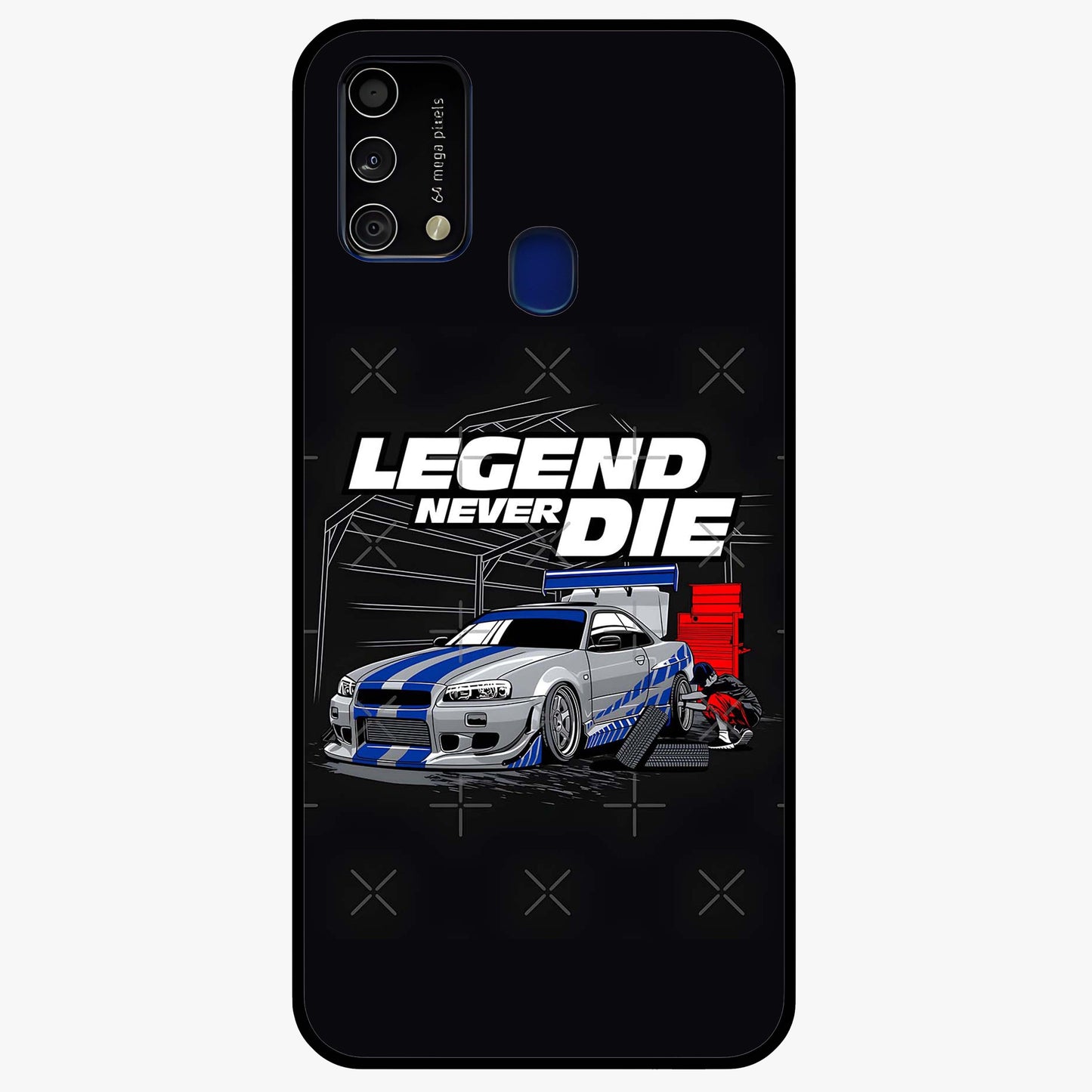 Midnight Racing Legacy Glass Case showing flat back view with sleek racing inspired artwork and glossy glass finish.