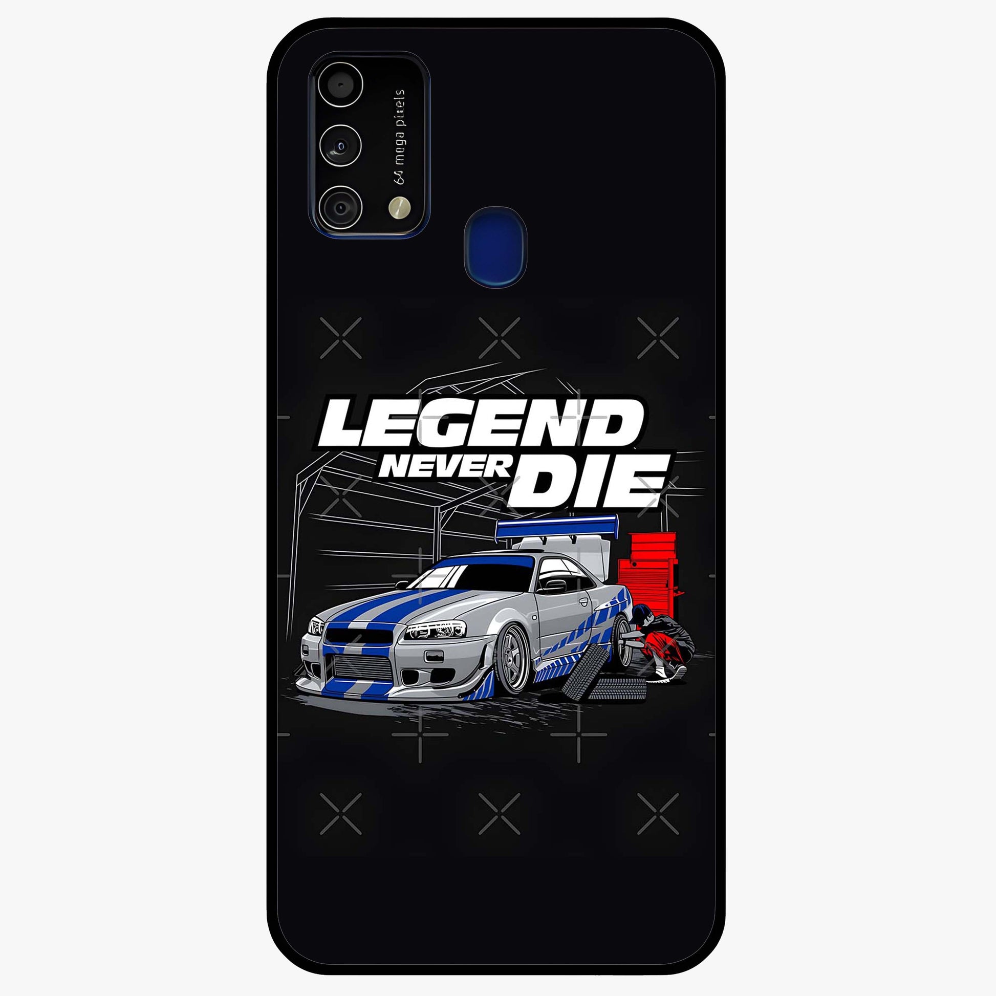 Midnight Racing Legacy Glass Case showing flat back view with sleek racing inspired artwork and glossy glass finish.